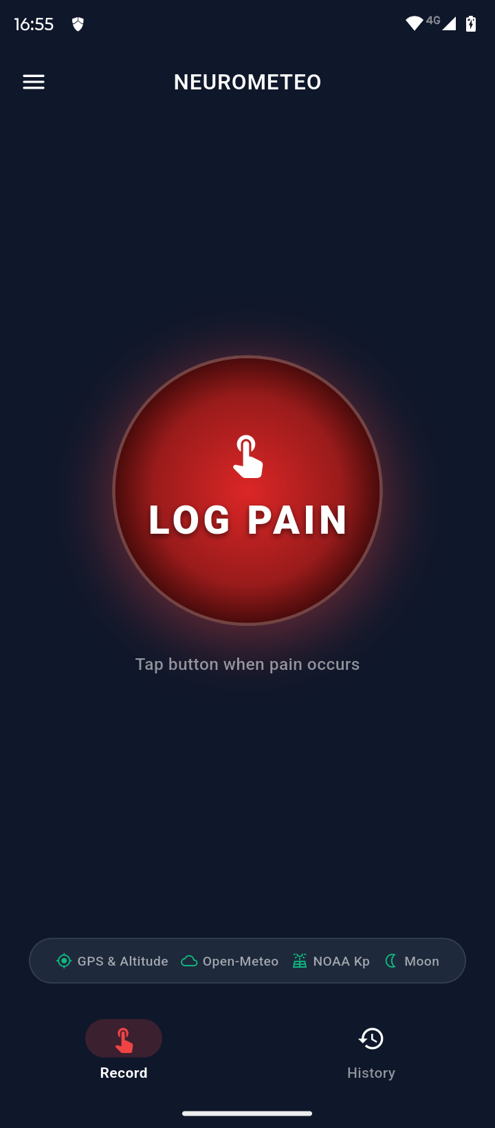 NeuroMeteo's dark home screen with a prominent Log Pain button