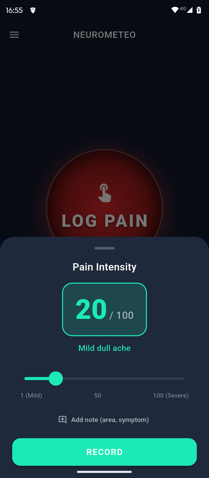 Pain intensity entry sheet with a 1 to 100 slider and record button